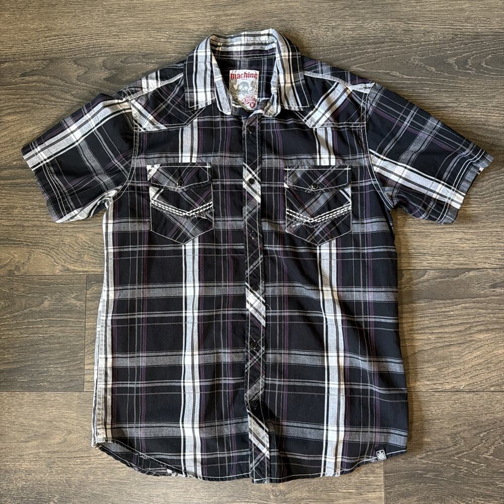 Y2K Machine Custom Co Mens Sz M Plaid Western Button Up Shirt Biker Grunge